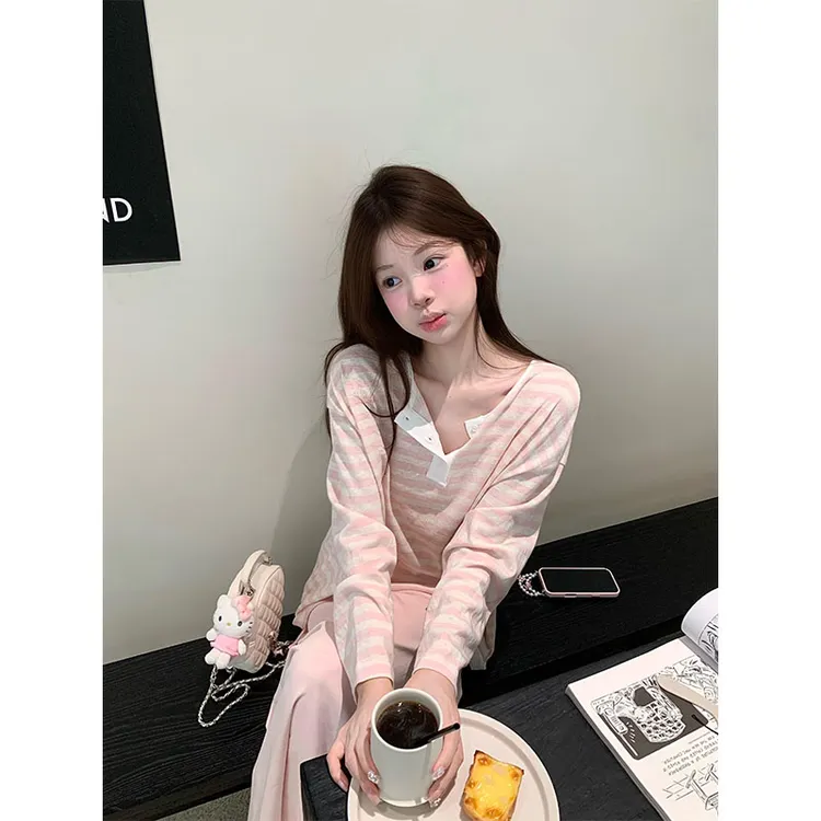 秋季新款条纹宽松打底衫长袖T恤薄款防晒上衣半身裙气质长裙半裙