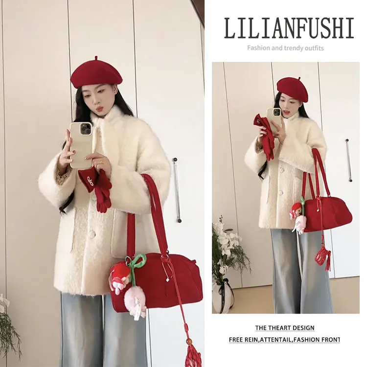 韩系穿搭2025秋冬新款高级感立领宽松长袖外套阔腿牛仔裤两件套女