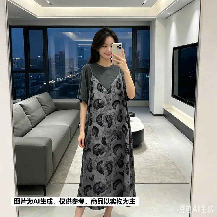 【Annie 235-236】夏款气质时尚印花假两件休闲宽松大码显瘦连衣裙