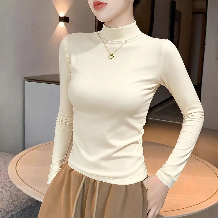 杏色长袖半高领打底衫女秋冬内搭2025新款磨毛加厚保暖高级感上衣