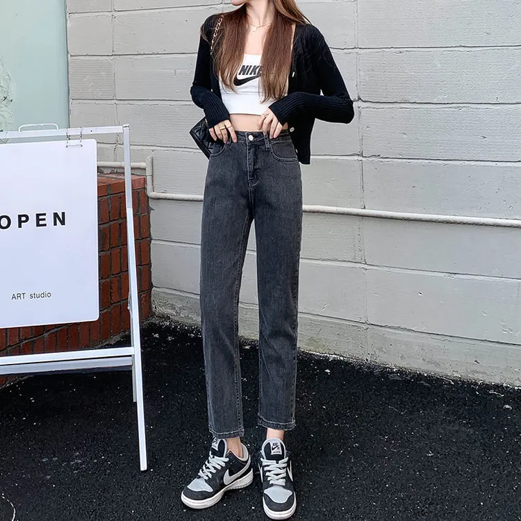 小个子九分烟管牛仔裤女春秋新款显瘦弹力修身窄版高腰直筒法棍裤