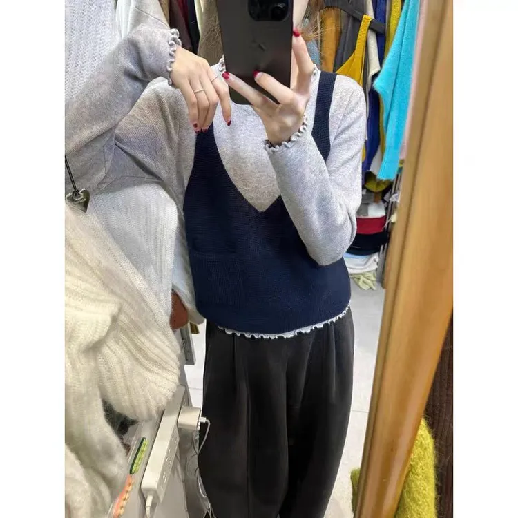 【小小安】大码 真两件 1312韩系基础款长袖针织秋季穿搭设计感洋气针织衫