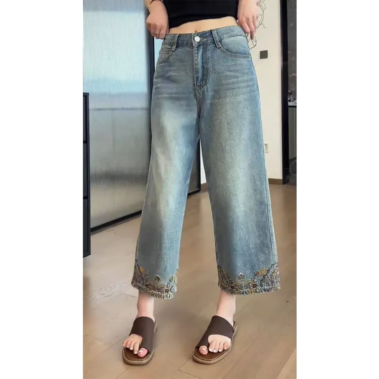 艾塔莉直筒裤刺绣秋季新款牛仔裤复古九分裤女款阔腿裤百搭九分裤