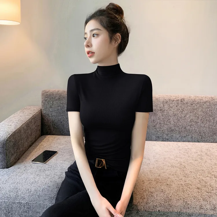 半高领短袖t恤女2025新款夏季正肩修身打底内搭冰丝针织黑色上衣
