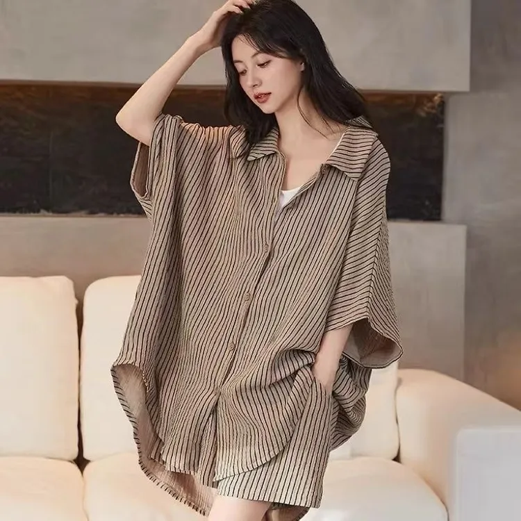 韩系新款睡衣女时尚高级感百搭条纹短袖宽松大码可外穿家居服套装