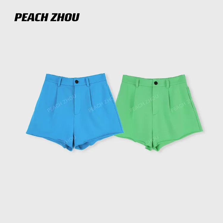 『PEACHZHOU』彩色系压褶松弛卷边宽松系扣毛圈短裤松紧腰阔腿卫裤