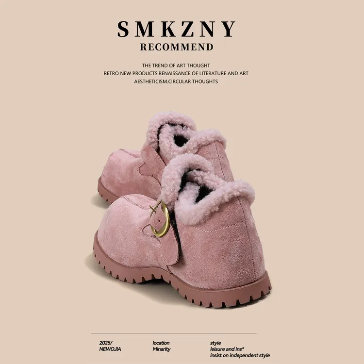 粉红色加绒勃肯鞋女2025冬季新款厚底增高棉鞋复古休闲羊羔毛毛鞋