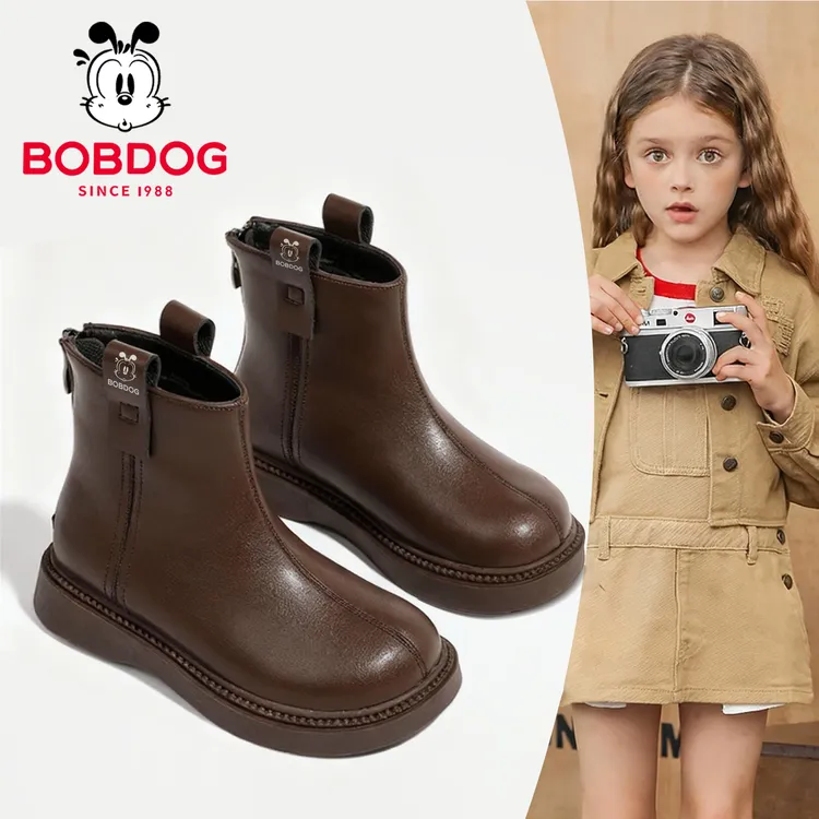 巴布豆女童靴子儿童公主马丁短靴2025新款秋冬季女孩洋气加绒皮靴