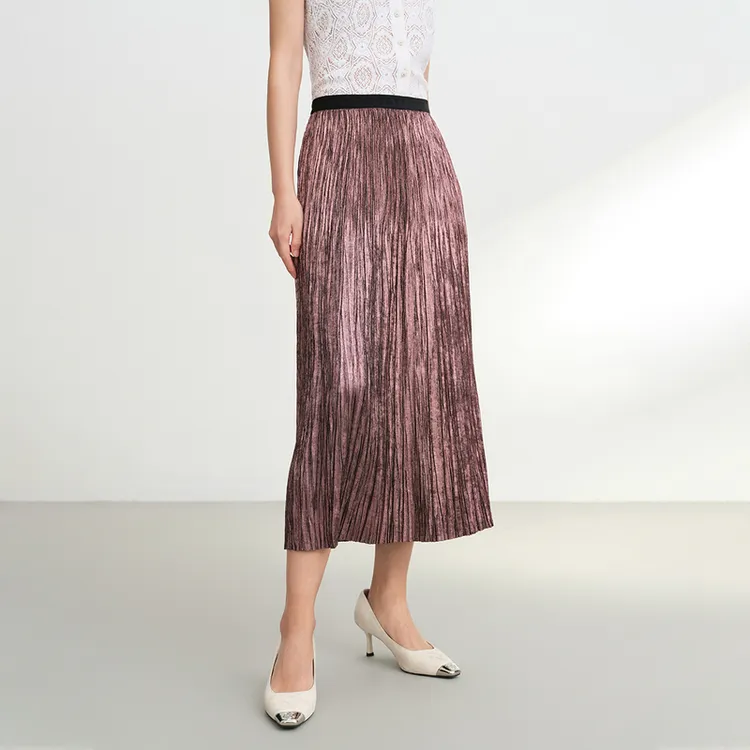 EP雅莹新款 垂感细褶立体A摆半身裙 高腰缎面光泽感中裙3410A