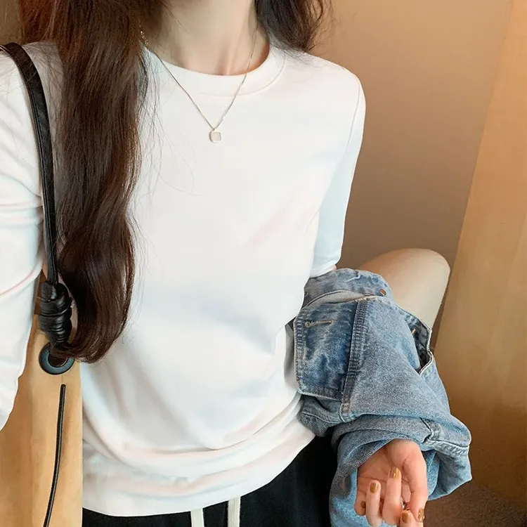 韩系穿搭美式新款多巴胺少女上衣秋冬打底衫女装修身长袖圆领t恤
