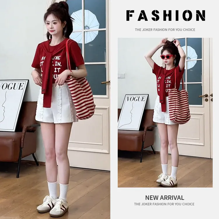 早春一整套女装2025新款韩版简约披肩字母印花上衣木耳短裤两件套