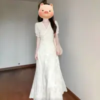 【现货+运补】气质提花v领短袖连衣裙子女夏季茶歇收腰鱼尾裙裙1982