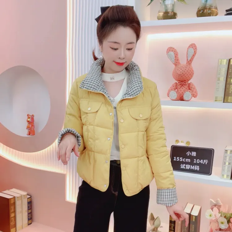 冬季新款棉衣女时尚百搭格子领拼接保暖修身小个子短款棉服外套