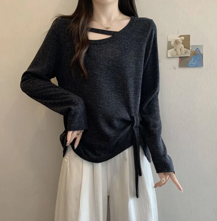 新款时尚设计大码女装感遮肉显瘦百搭长袖上衣不规则纯色设计感