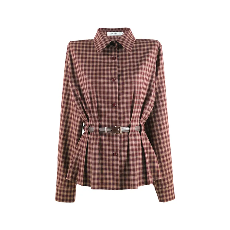 DENGDAHA「优雅轮转」复古风 收腰显瘦格纹修身衬衫HBZXP710054