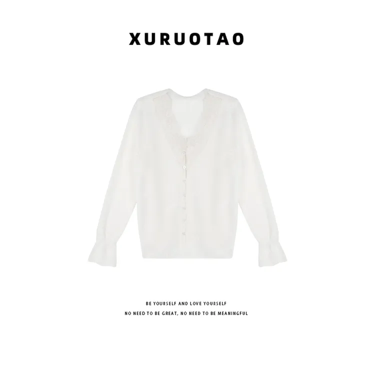 XURUOTAO 【茉莉雅】桑蚕丝羊毛混纺蕾丝边设计感白色上衣 T5660