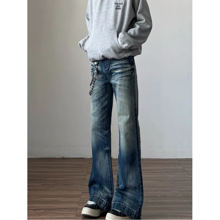美式复古水洗做旧牛仔裤男高街ins潮宽松猫须长裤直筒微喇裤子916