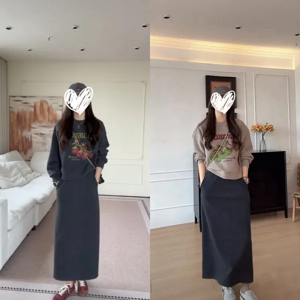 秋季百搭休闲时尚番茄刺绣圆领卫衣简约百搭松紧腰A版半身裙套装