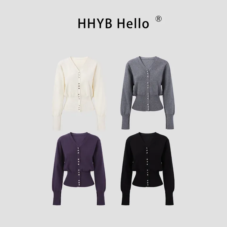 HHYB Hello精致感V领短款收腰毛衣2025秋韩式针织衫上衣女M1465