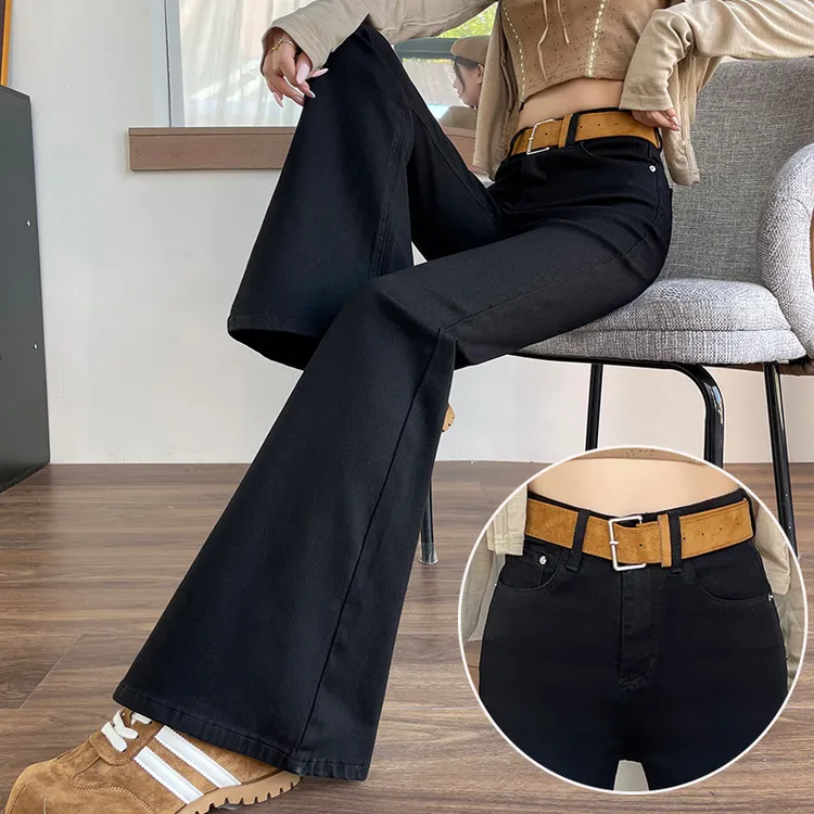 蜜蜜穿搭加绒加厚黑色紧身微喇牛仔裤女2025冬季提臀鱼尾喇叭裤子
