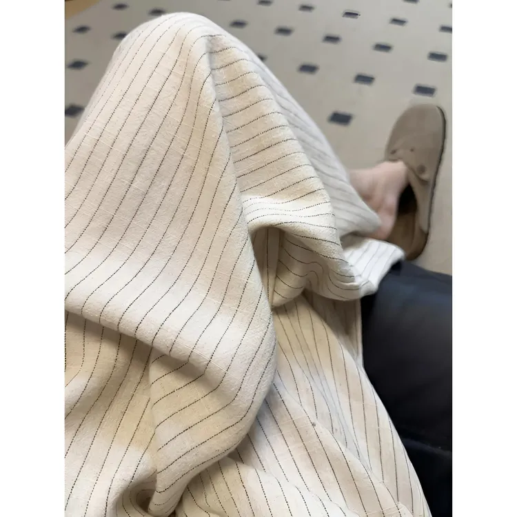 胖MM大码亚麻条纹阔腿裤女夏新款高腰宽松显瘦慵懒垂感宽松休闲裤