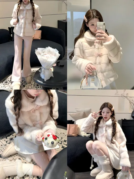 韩系秋冬氛围感翻领毛茸茸蝴蝶结仿貂毛保暖环保毛毛外套加厚冬季