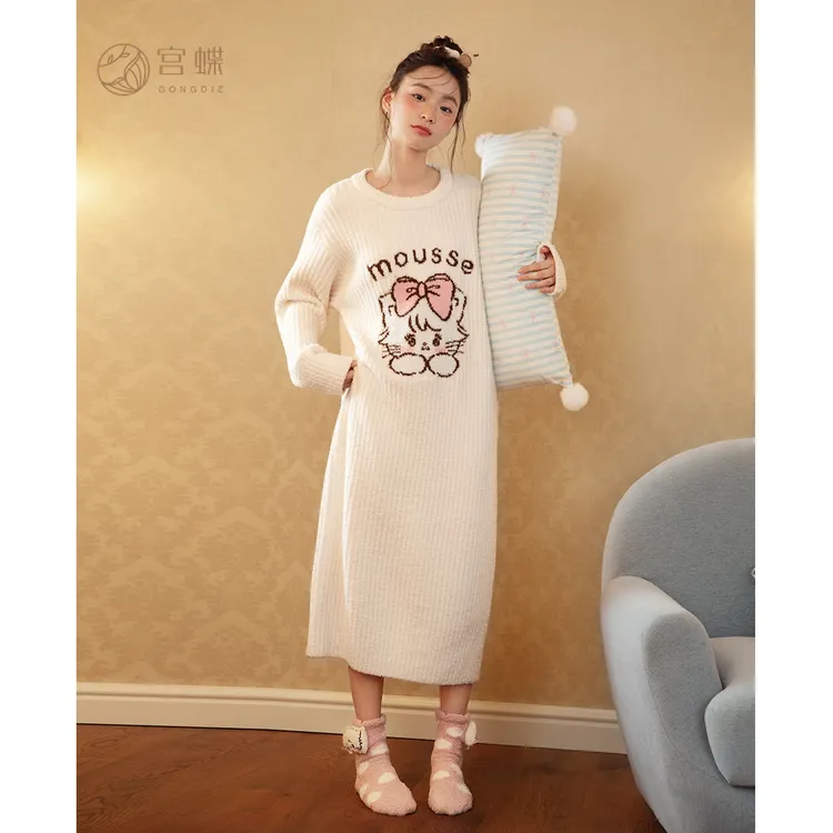 宫蝶【蓄热型】mikko秋冬睡裙女加厚半边绒可爱甜美家居服睡衣女