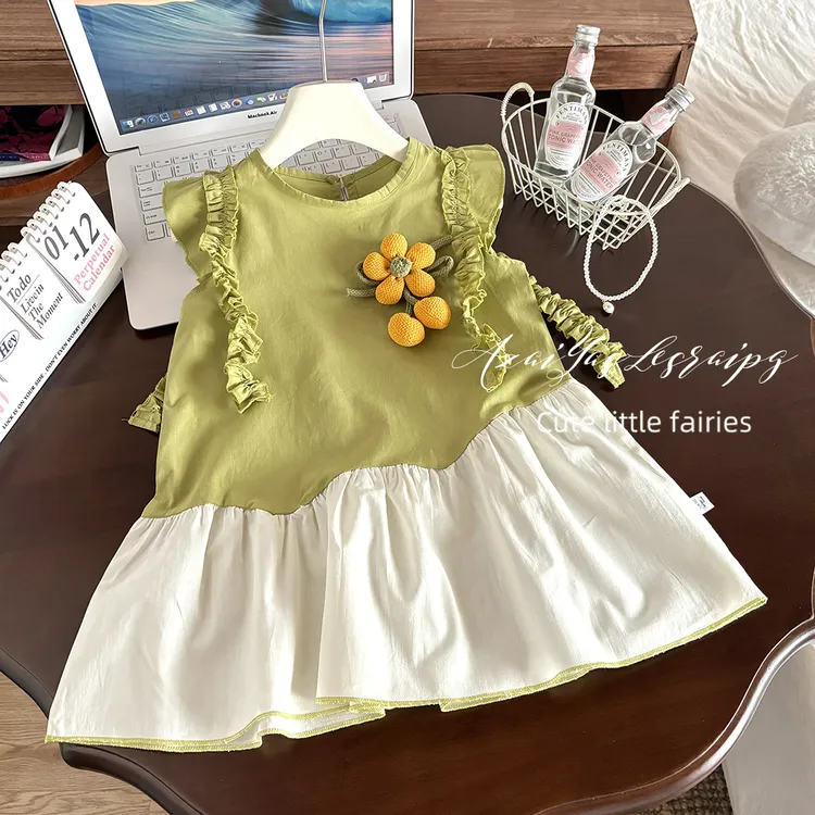 2025夏款女孩公主裙女小童拼接无袖纯棉连衣裙立体太阳花背心裙子