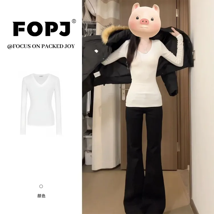 FOPJ美式辣妹白色打底衫长袖t恤女春季新款时尚内搭修身显瘦上衣