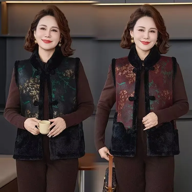 中式妈妈秋冬加绒加厚中老年坎肩女装保暖马甲外穿外套老太太奶奶