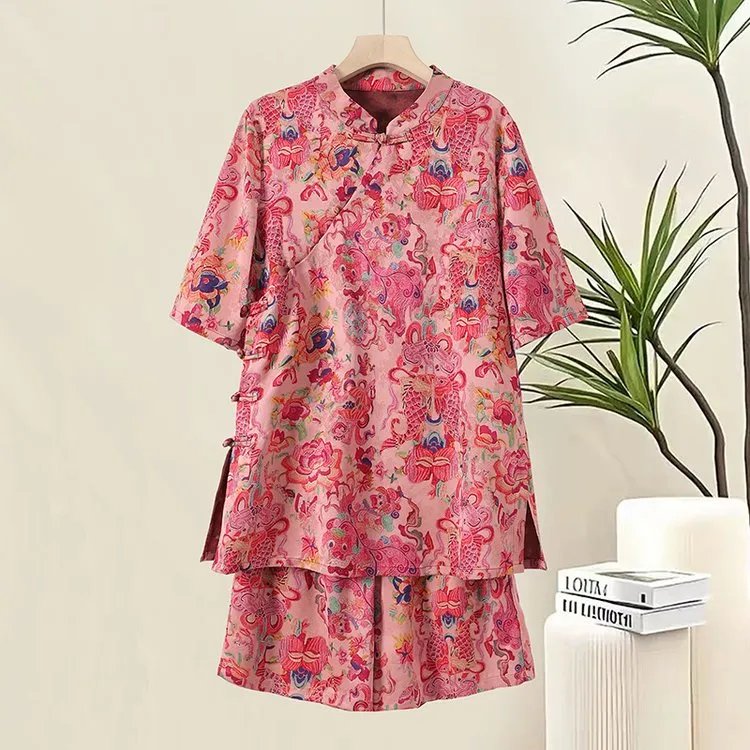 夏季2025新款中长款短袖气质女装新中式国风大码印花短裤两件套装