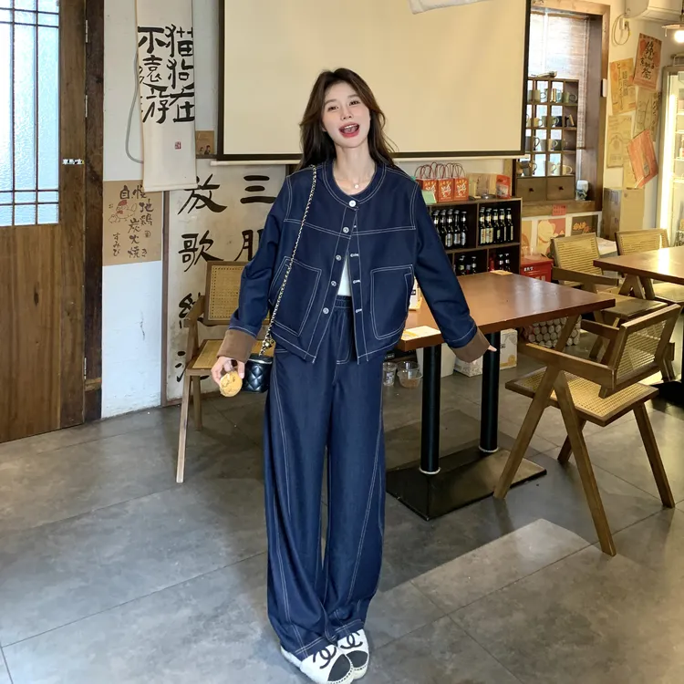 又a又飒复古蓝牛仔衬衫套装女春秋2025新款气质高级阔腿裤两件套