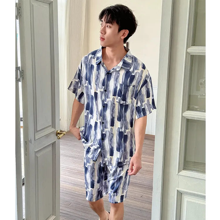 春夏男士家居服开衫短袖棉绸套装睡衣宽松舒适空调服人造棉两件套