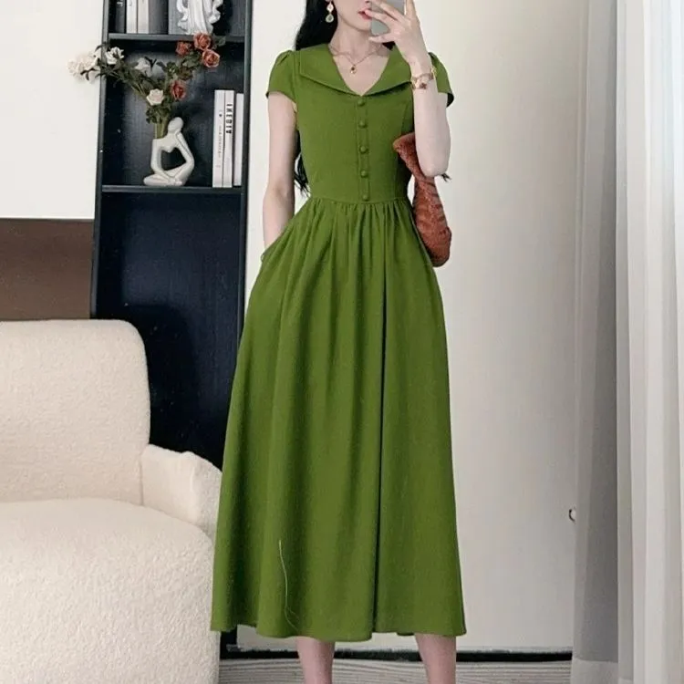 设计感小众绝美连衣裙女夏季新款法式气质翻领短袖收腰褶皱长裙子