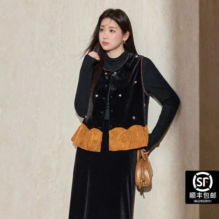 蓝语大码女装2025秋季新款常规法式宽松型纯色拼接马夹百搭短外套