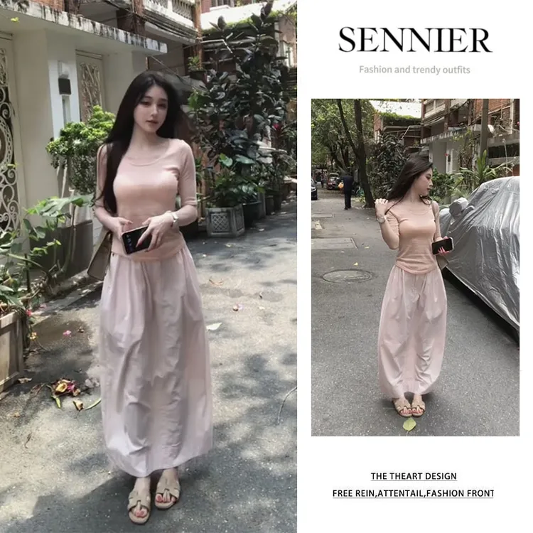 夏季温柔系穿搭女2025新款简约百搭修身中袖T恤显瘦半身裙两件套