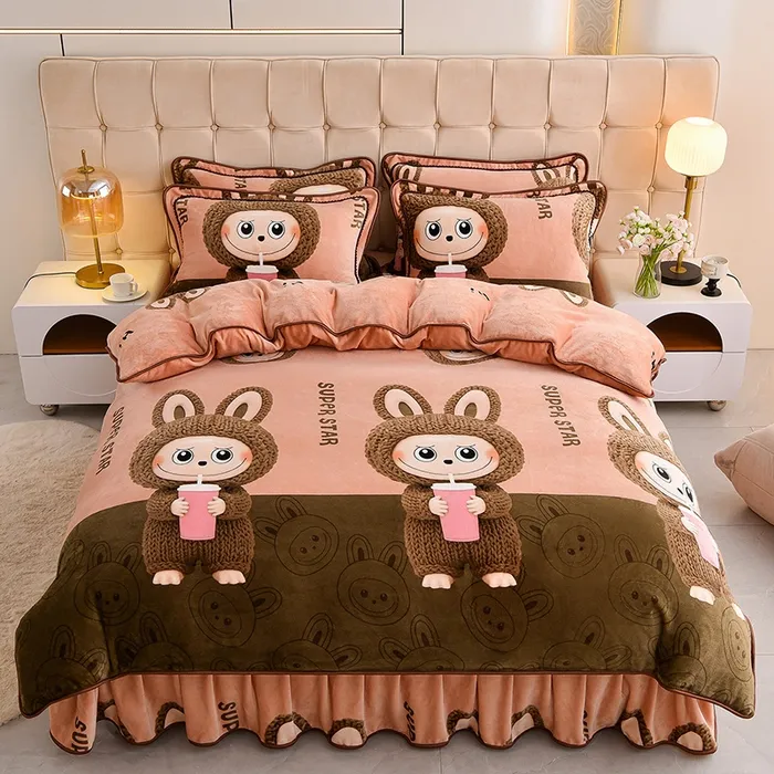 2025新款床裙款高克重牛奶绒四件套拉布布保暖双面宝宝绒三件套