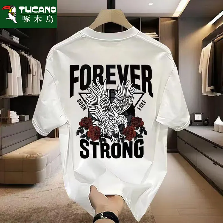 啄木鸟夏季纯棉短袖t恤男女潮流宽松圆领百搭印花全棉半袖ins