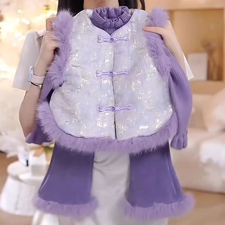 女童新中式套装2024秋冬季新款国风旗袍女宝宝背心儿童马甲裤子