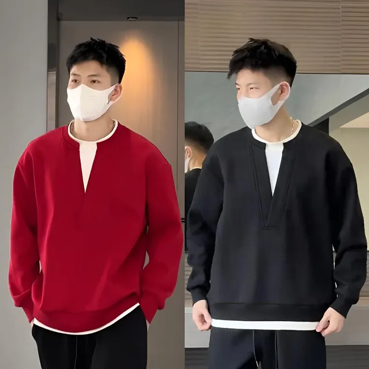 【春季新品】假两件设计款潮流长袖V领红卫衣打底男女同款休闲慵懒