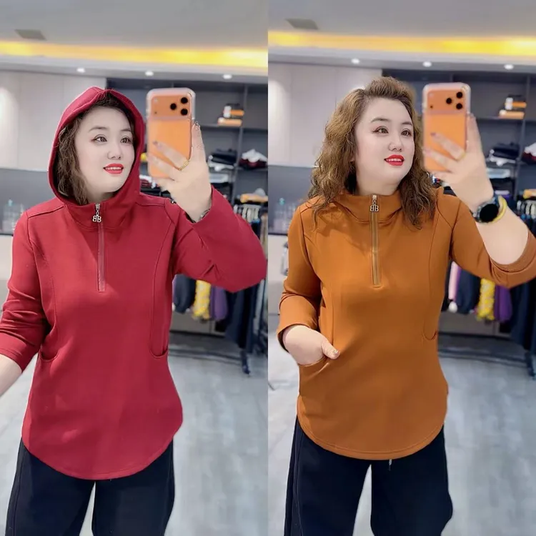 1109（丹姐家）不加绒空气层半拉链连帽长袖卫衣三季款胖mm宽松上衣