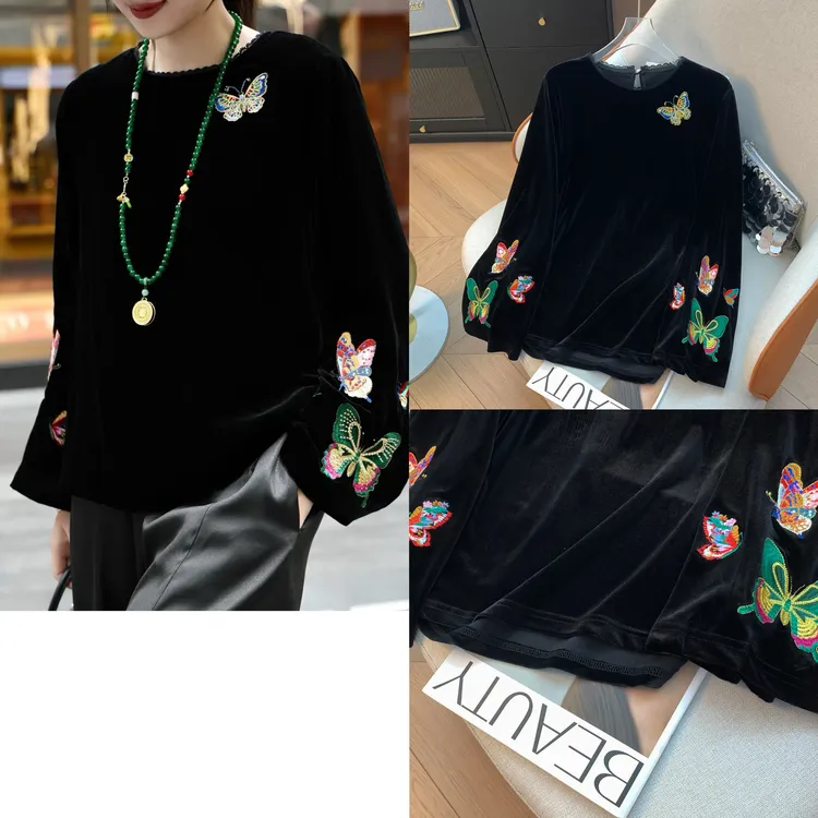 D999-3240【蝶舞】新中式重工蝴蝶刺绣百搭老钱丝绒长袖国风衬衫女
