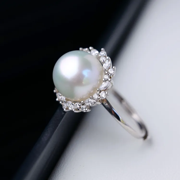 南洋澳白珍珠戒指10-11mm太阳花S925银托指环可调节*多样性发一