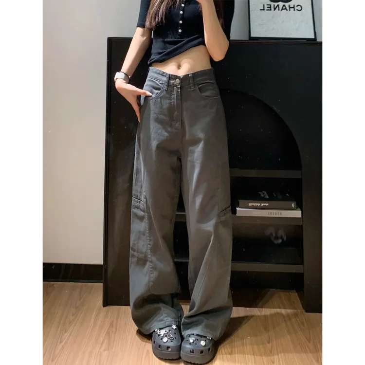 拉夏贝尔美式阔腿工装牛仔裤女2025早秋休闲百搭宽松直筒高街裤子