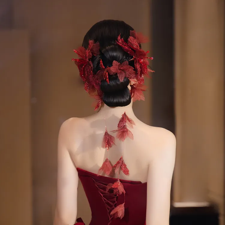 合金布艺婚庆饰品 新娘头饰新中式红色仿真花朵长条发钗发饰G0261
