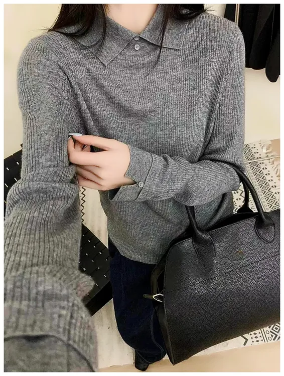 翻领纽扣亲肤秋冬内搭打底衫气质减龄毛衣针织衫女士毛衫G9-58