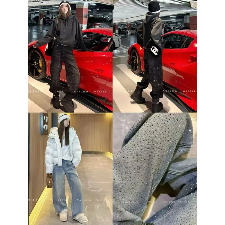 SG / 杨依姗 AW璀璨爆闪裤 复古水洗烫钻直筒牛仔裤K-20252444