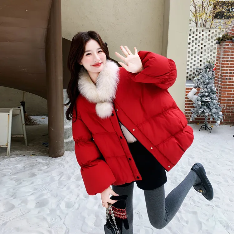 圣诞新年红真狐狸毛领羽绒服2025冬季新款复古优雅千金风厚面包服