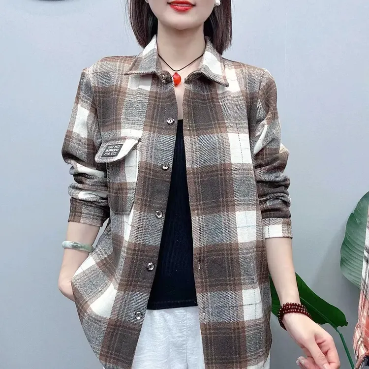 爆款格子衬衫2025春季厚款毛呢格子衬衫女休闲打底宽松外套