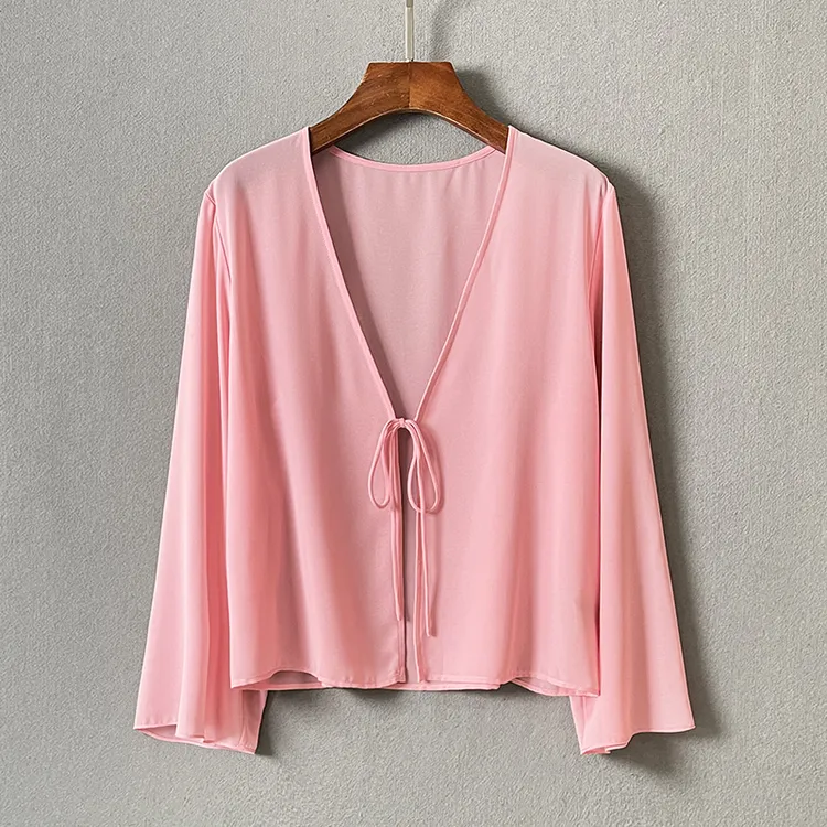 薄如蝉翼~夏日必备乔其纱防晒衫衬衫宽松V领绑带柔软透气长袖上衣